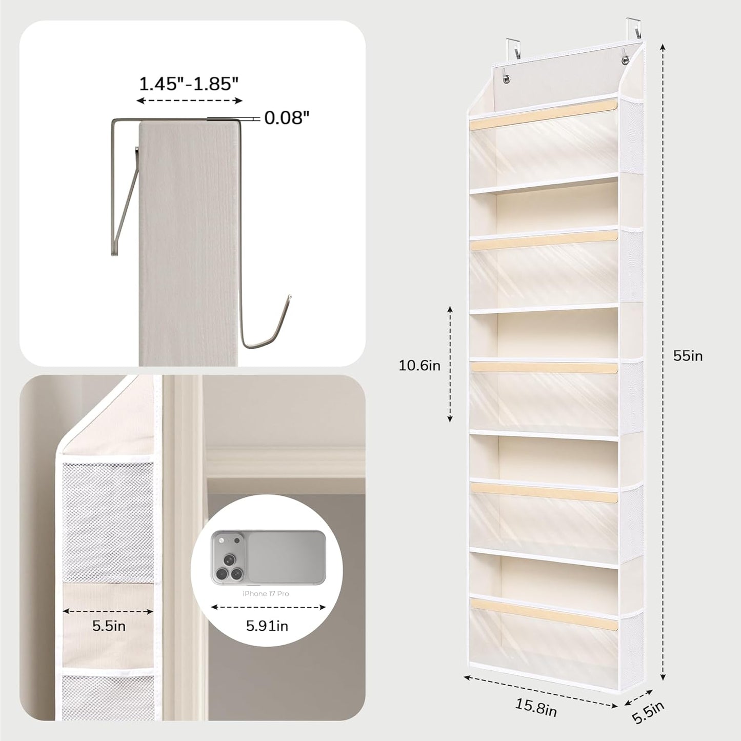 5 Tiers Natural Bamboo Over Door Organizer with 10 Mesh Side Pockets, 50 lbs Weight Capacity Hanging Storage Organizer with Clear Window Kids Toys, Shoes, Diapers, Warm Beige