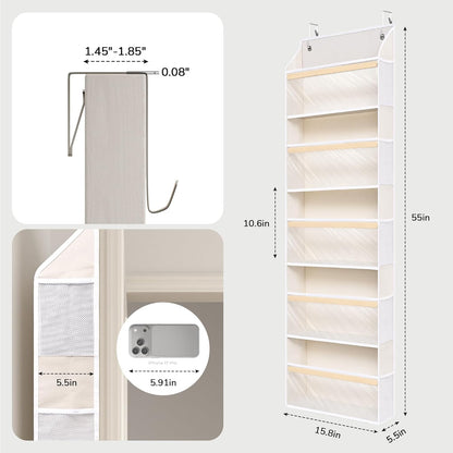 5 Tiers Natural Bamboo Over Door Organizer with 10 Mesh Side Pockets, 50 lbs Weight Capacity Hanging Storage Organizer with Clear Window Kids Toys, Shoes, Diapers, Warm Beige