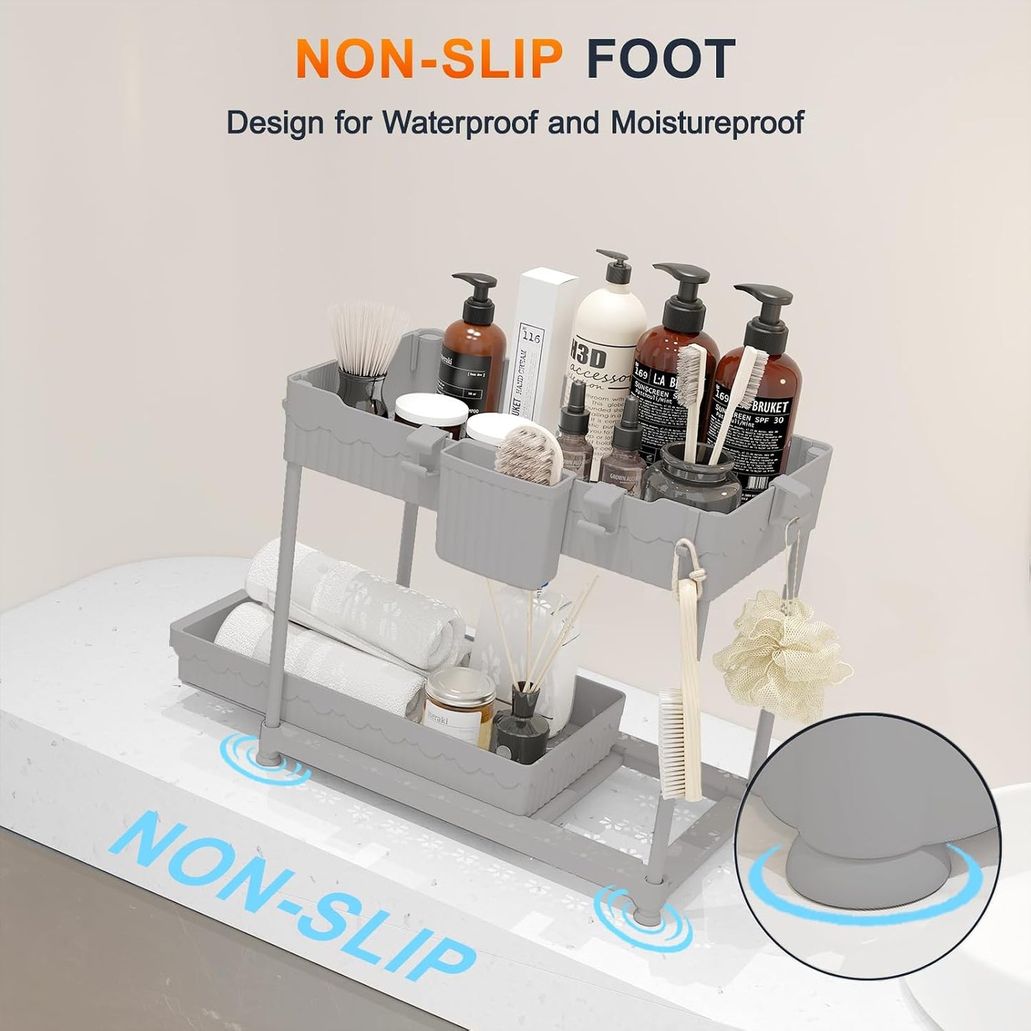 Sevenblue 4-Pack 2-Tier Under Sink Organizer with Pull Out Drawers | Multi-use kitchen & bathroom storage. Includes hanging hooks and cups. Black, space-saving cabinet design.