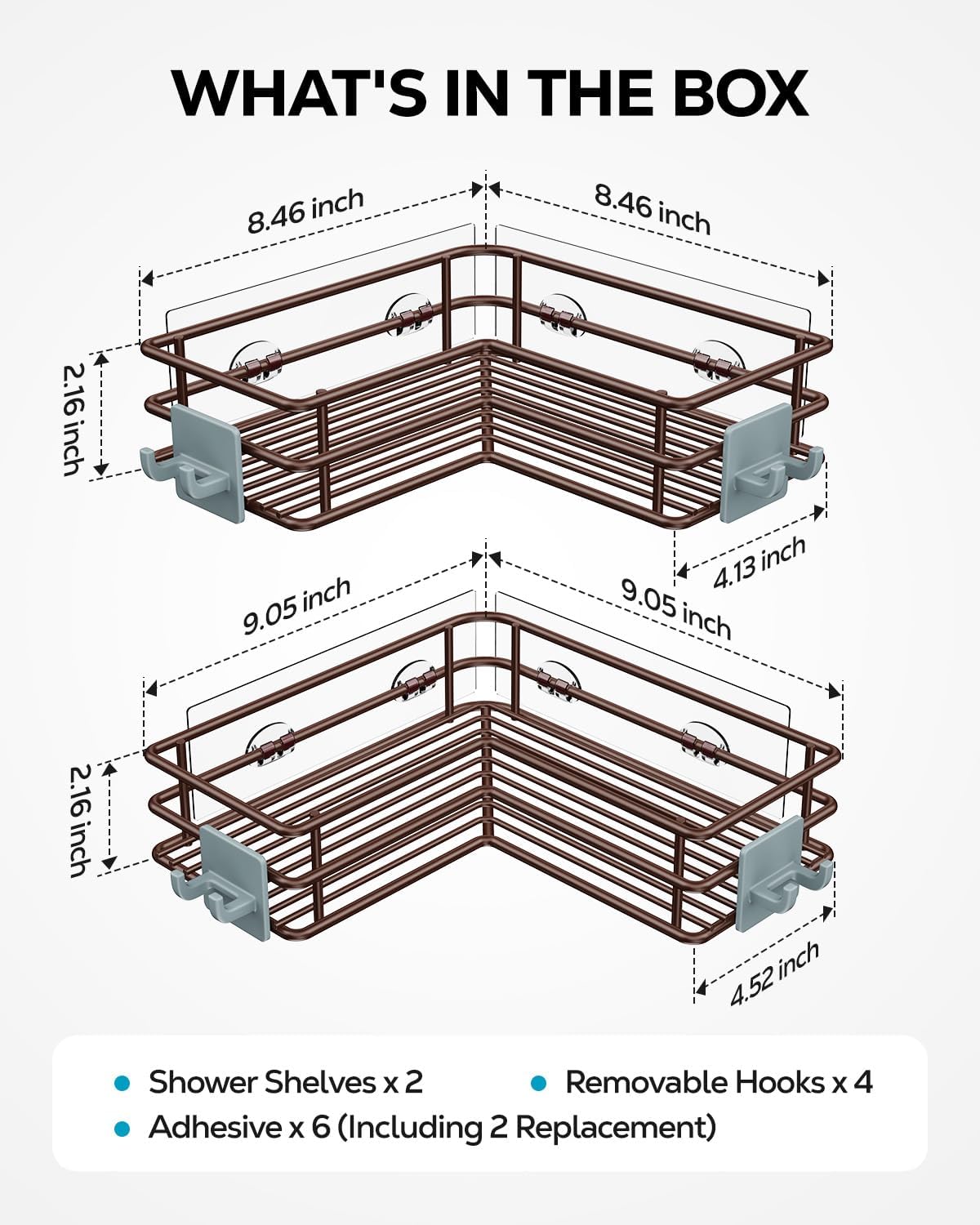 Nieifi Corner Shower Shelves Stainless Steel, Adhesive Shower Caddy Basket Rack with Hooks, Rust Proof for Bathroom Shelf Shampoo Holder (Silver, 2 Pack)