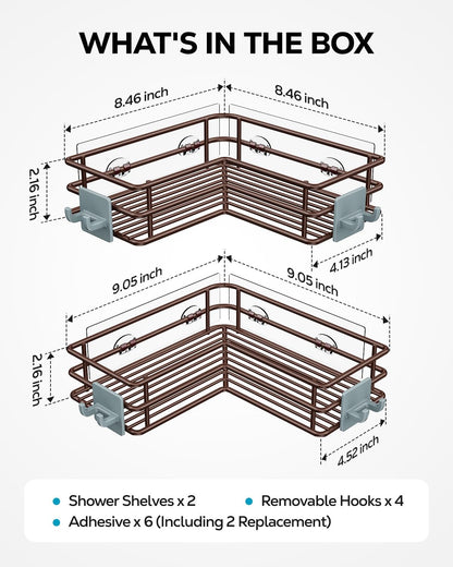 Nieifi Corner Shower Shelves Stainless Steel, Adhesive Shower Caddy Basket Rack with Hooks, Rust Proof for Bathroom Shelf Shampoo Holder (Silver, 2 Pack)