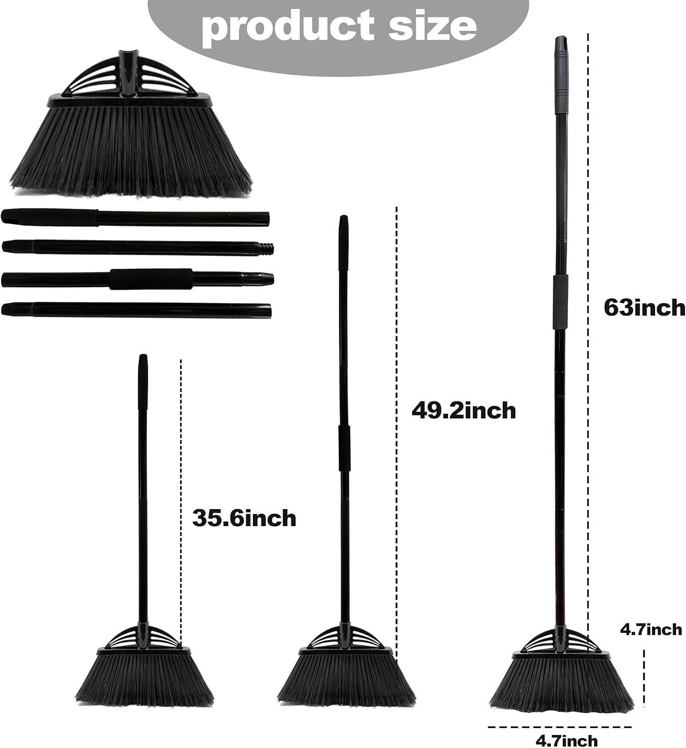 Four-Section Rod Long-Handled Broom,Heavy-Duty Broom, Angle Broom for Outdoor/Indoor（Black+Orange）