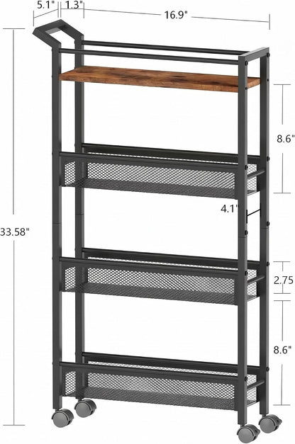 4 Tier Slim Rolling Storage Cart, 5.1 Inch Wide Narrow Storage Cart with Handle, Iron Wood Utility Slide Out Pantry Shelf Organizer for Laundry Room, Bathroom, Kitchen, Small Spaces,White