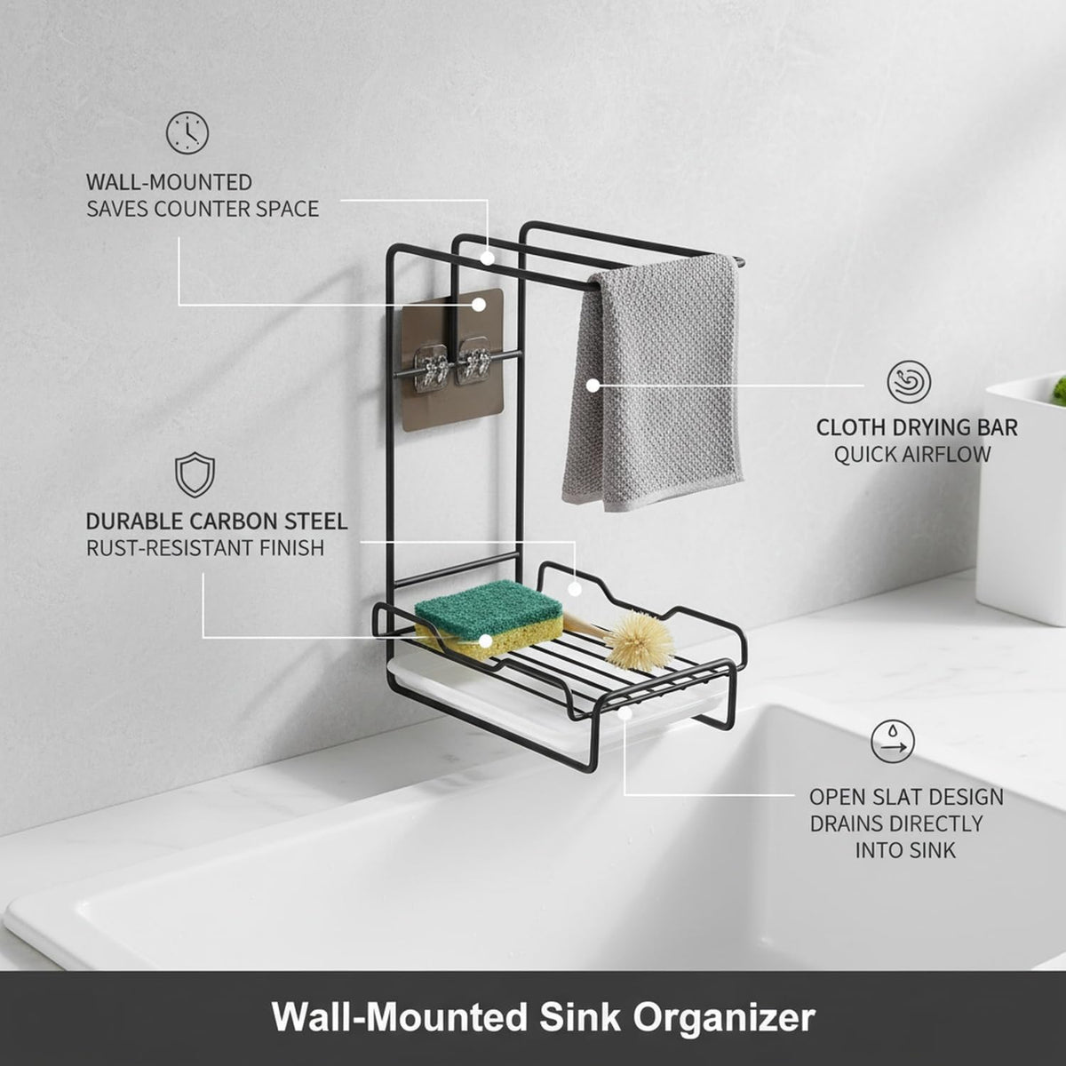 Black Carbon Steel Wall-Mounted Sink Rack for Kitchen & Bathroom, Space-Saving Cloth & Cleaning Tool Drying Organizer