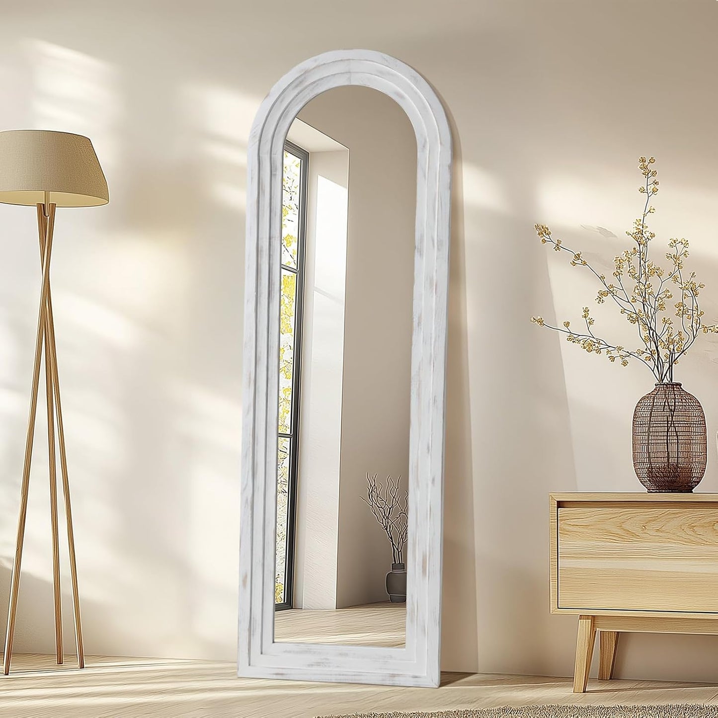MELOMOIR Arched Full Length Mirror with Solid Wood Frame, 56"x21" Rustic Farmhouse Floor Mirror with Stand, Free Standing Leaning Hanging, for Bedroom Living Room Dressing Room Entryway, Brown