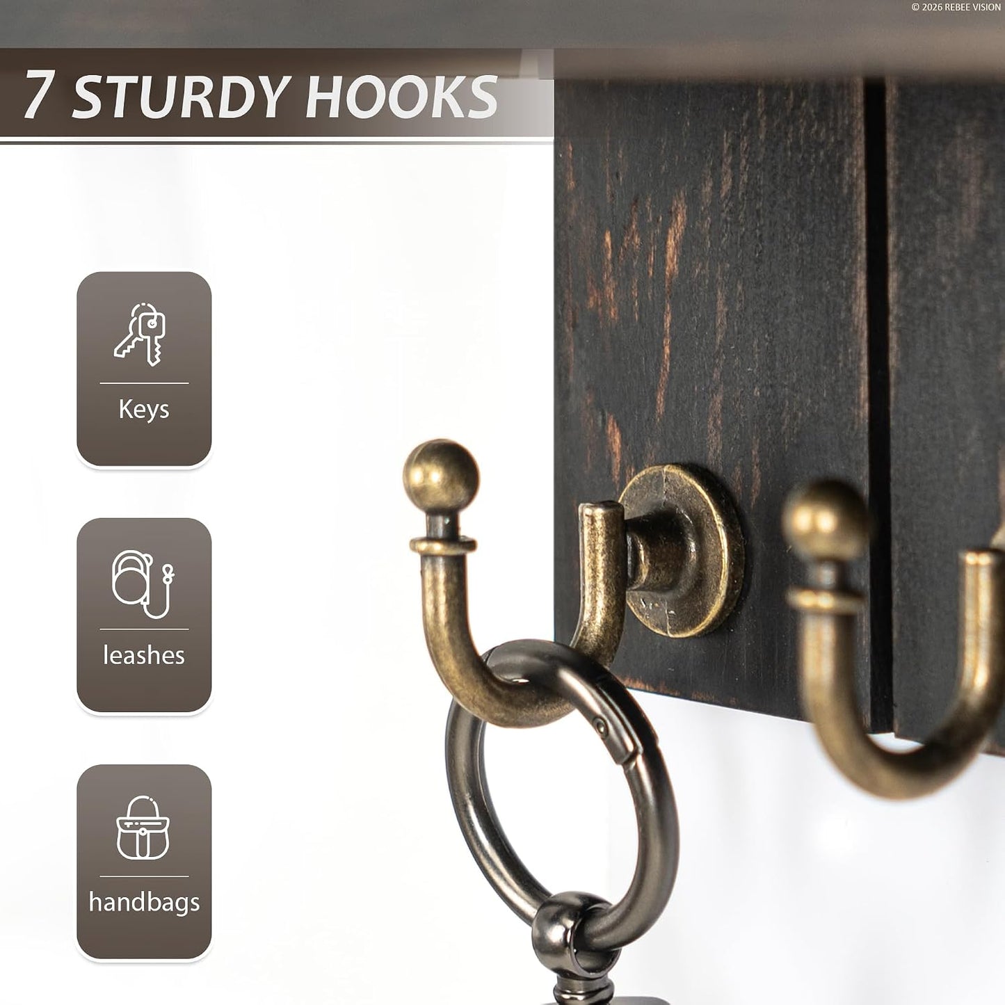 Rebee Vision Decorative Key Holder Wall Mount - Rustic Key Holder for Wall with Shelf and Mail Organizer for Living Room Decor - Home Essentials for Home Improvement (Brown, 3.54" x 10" x 7.28")