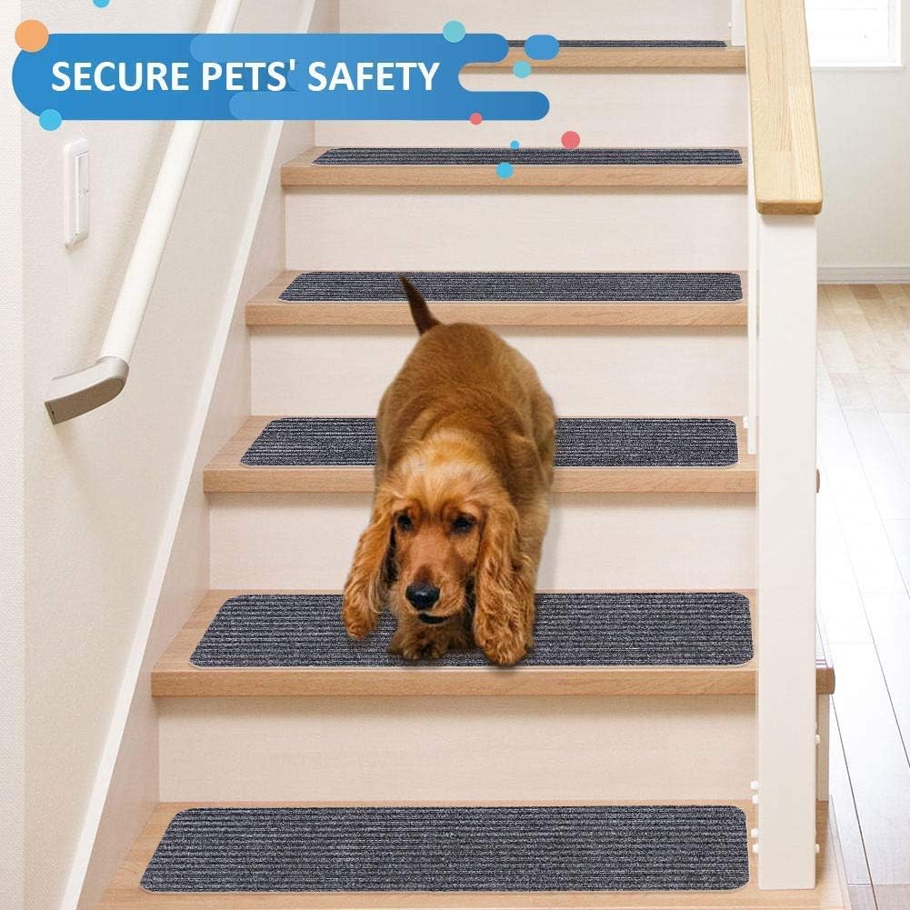 RIOLAND Stair Treads Carpet Non-Slip Indoor Stair Runners for Wooden Steps, Stair Rugs for Kids and Dogs, Set of 15, 8" X 30", Gray