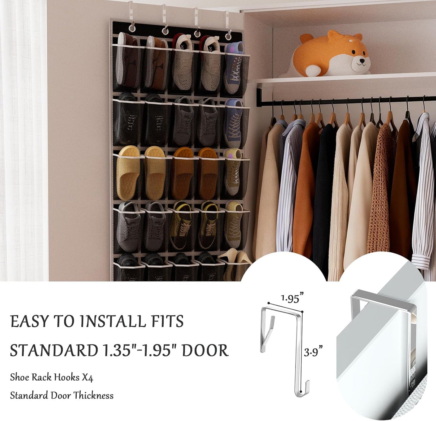 homyfort Over the Door Shoe Organizer, Hanging Shoe Rack Storage Holder with 24 Large Pockets for Closet Door, Men Women Kids Shoes, Cruise (Black)