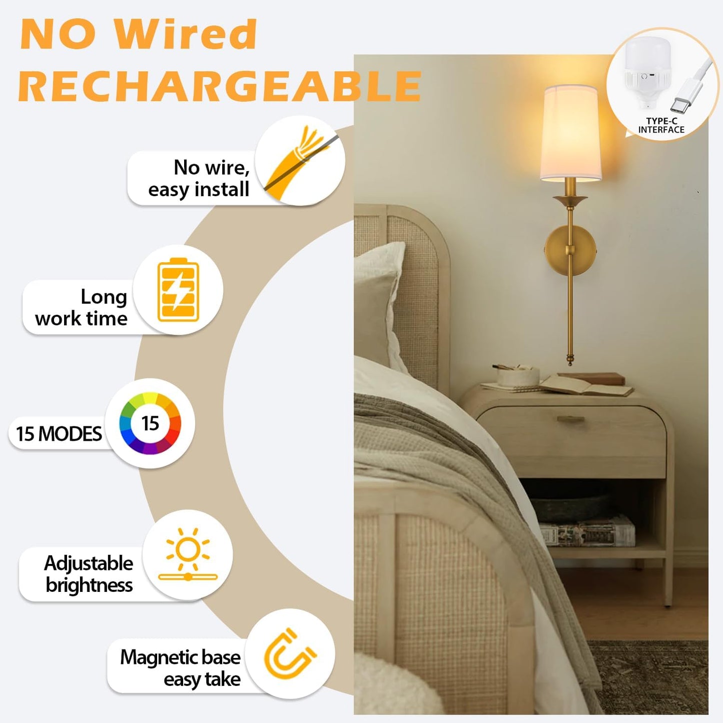 PASSICA DECOR Battery Operated Wall Sconce Set of 2 - Rechargeable Cordless Lights with Remote, Dimmable RGB Timer Wireless Sconces for Bedroom, Living Room, Hallway