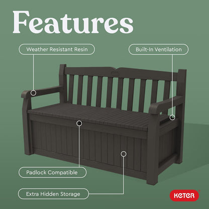 Keter Solana 70 Gallon Storage Bench Deck Box for Patio Furniture, Front Porch Decor and Outdoor Seating – Perfect to Store Garden Tools and Pool Toys, Brown/Brown