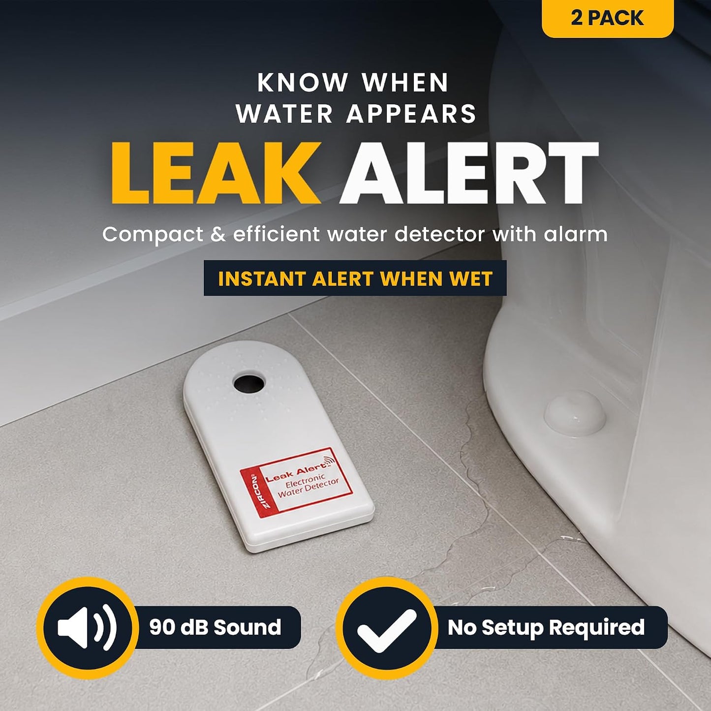 Zircon Leak Alert Water Leak Detector & Flood Sensor Alarm/Water Leak Sensor with Dual Leak Alarms 90Db Audio/Battery Powered (2 Pack) Batteries Not Included (72311) White