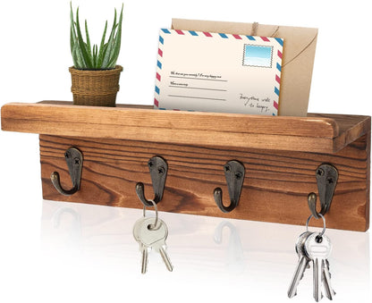 HRONRAD Rustic Key Holder for Wall, Farmhouse Wall Shelf with 4 Hooks, Wall Mounted Key Racks, Wooden Mail Organizer with Hooks for Entryway (Brown)