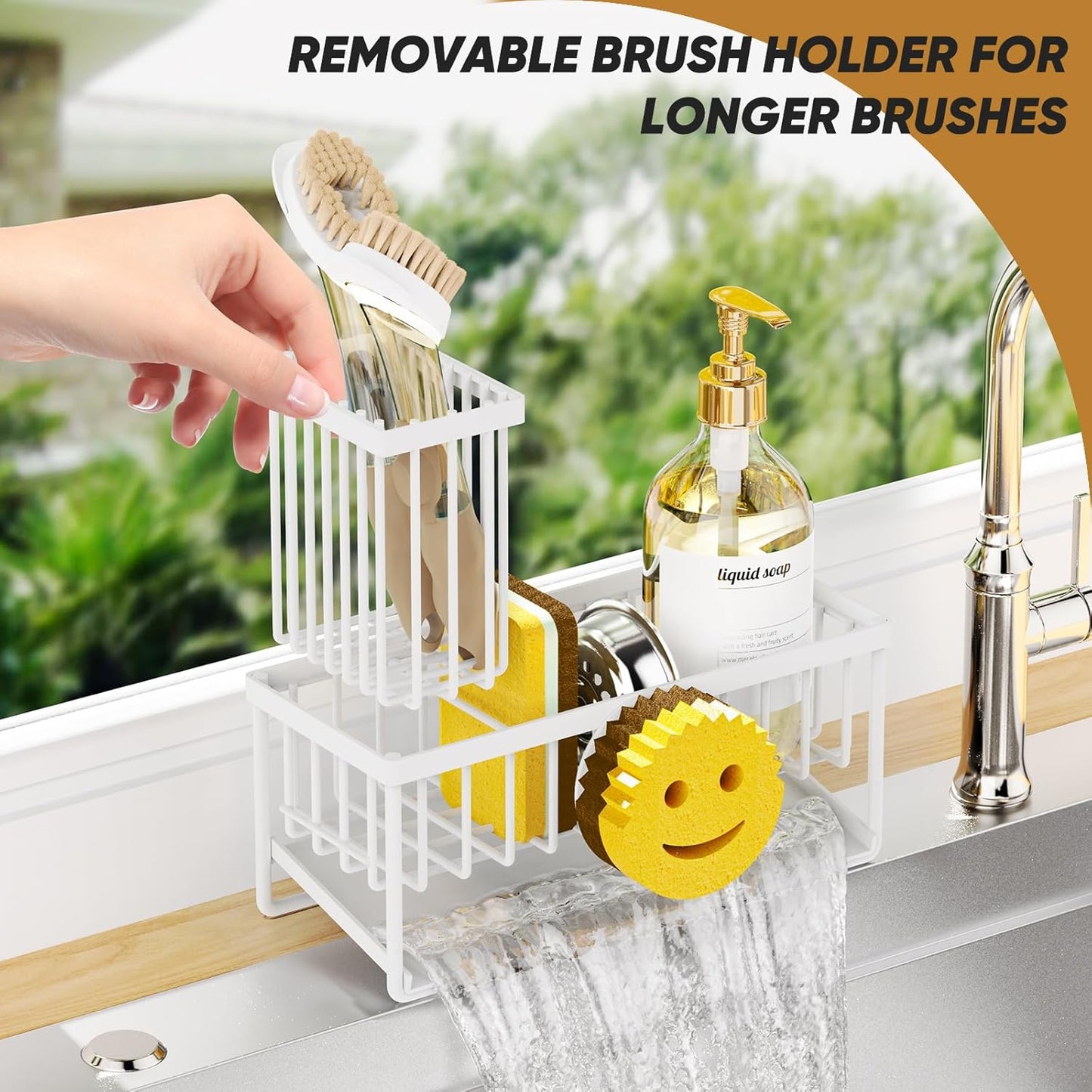 Sponge Holder for Kitchen Sink,Smiley Face Sink Caddy with Removable Brush Holder,Self-Draining Sponge Caddy for Soap,Dish Brush,Scrubber,Kitchen Essentials and Gadgets-Silver