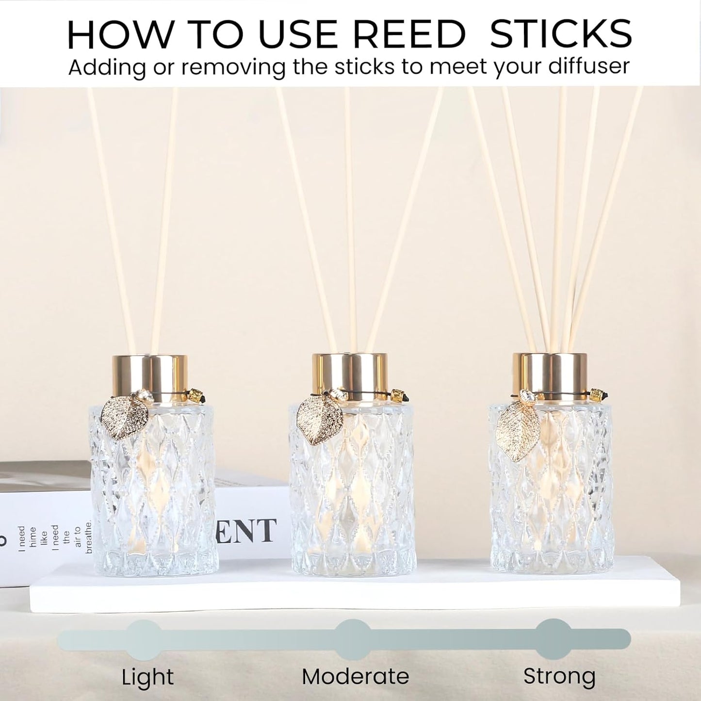 4-Piece Reed Diffuser Set with Metal Golden Decoration, 3.5-4.2oz Empty Bottles and 20 Reed Sticks, Unique Design for Home and Office (4 Different Bottles)