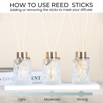 4-Piece Reed Diffuser Set with Metal Golden Decoration, 3.5-4.2oz Empty Bottles and 20 Reed Sticks, Unique Design for Home and Office (4 Different Bottles)