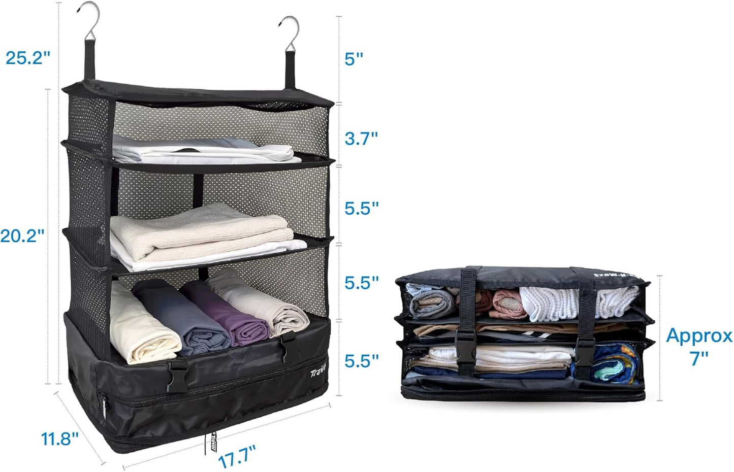 Grand Fusion Stow-N-Go Hanging Travel Shelves, Packing Organizer for Luggage. Carry on Closet for Suitcase. Expandable Packing Cube. Travel Essentials. (Black - L, L = (L) 11.8" x (W) 11.8")