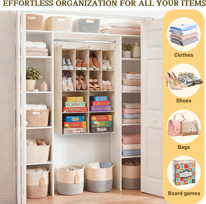 Ofiray-home 6 Tier Hanging Closet Organizer, 16 Compartments Sweater Organizer for Closet with 3 Sturdy Hooks, Closet Organizers and Storage, Wardrobe, Rv, Garment Rack, Grey