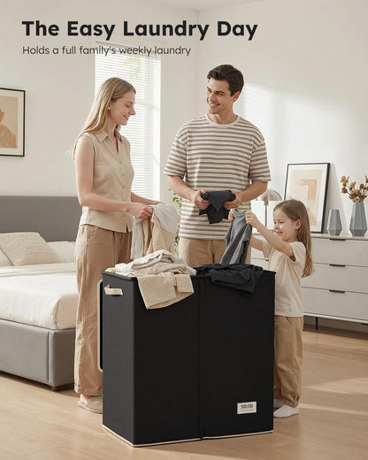 SOLEDI Luxury Double Laundry Hamper with Lid and Removable Bags, 38.3 Gal Large Laundry Bin, Laundry Basket 2 Sections, Collapsible Clothes Hamper for Bedroom, Laundry Room, Bathroom, Off-white