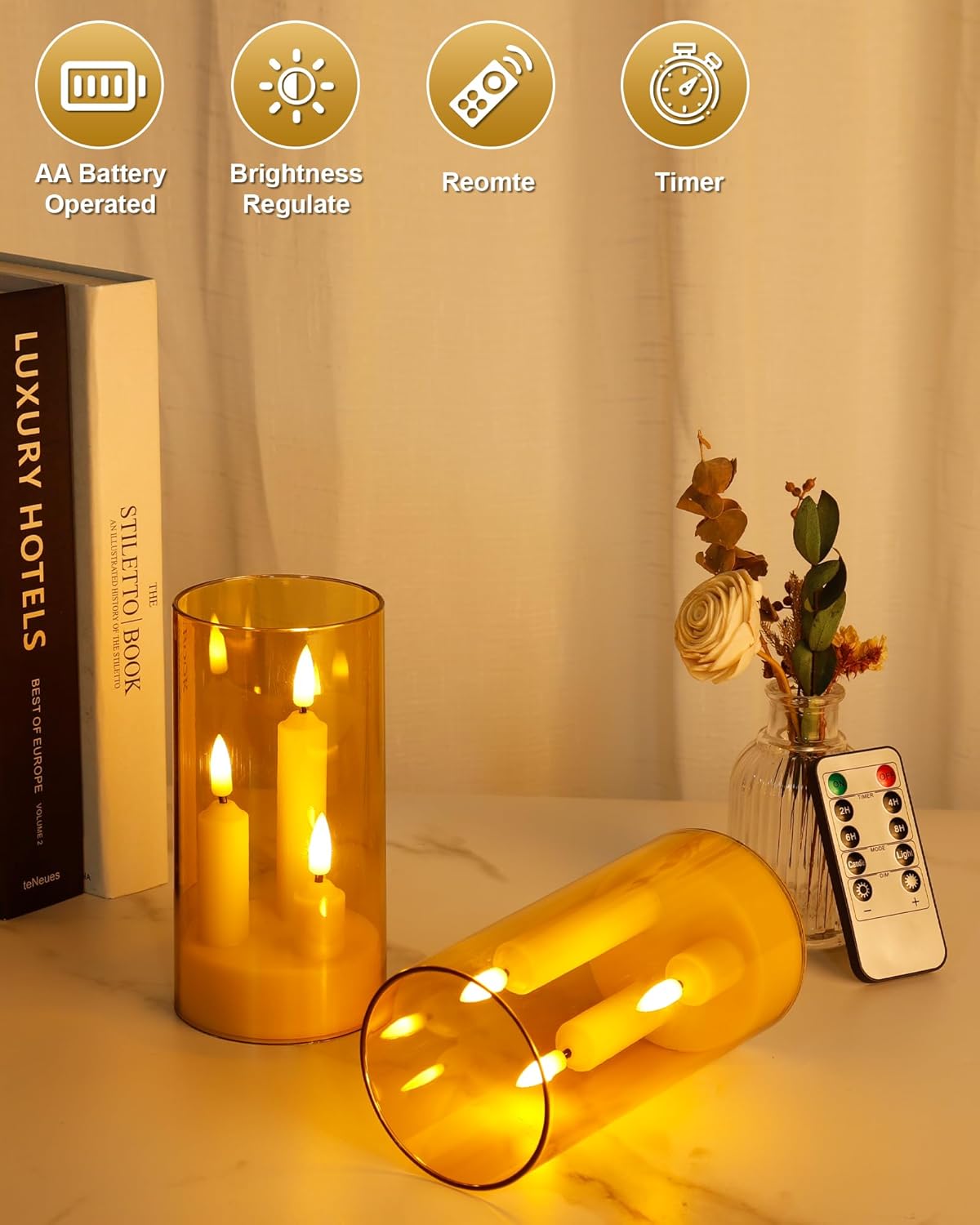 Set of 24 Slim Outdoor LED Candles, Battery Operated Flickering Fake Candles with 10-Key Timers for Patio & Porch Decor, 2.2 Inch Diameter Waterproof Resin Pillars for Large Events & Sconces (White)