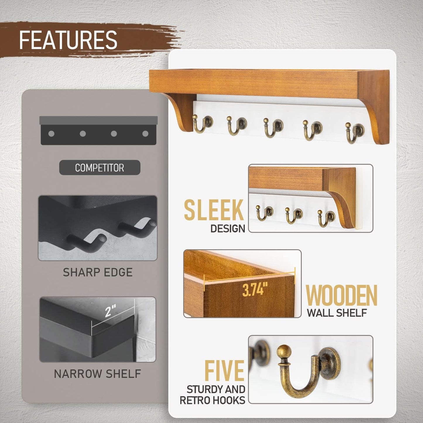 Rebee Vision Farmhouse Key Holder for Wall - Decorative Wooden Mail Organizer with 5 Rustic Key Hooks and Floating Shelf for Home Decor, Hallway, Entryway, Appartment (Retro Brown)