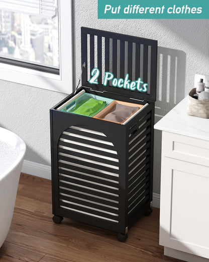 Black Laundry Hamper with Wheels, Laundry Basket with Lid, 22.5 Gallon (85L) Bamboo Wood Clothes Laundry Hamper 2 Section with Handles, Removable Liner
