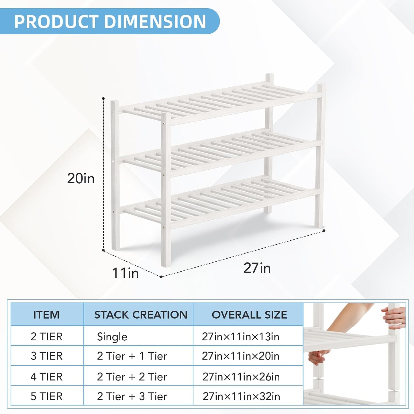 4 Tier Bamboo Shoe Rack Storage Organizer for Closet, Multifunctional Stackable Free Standing Shoe Shelf Organizer for Small Space,Entryway, Hallway, Bathroom27 x11 x26(White, 4 Tier)