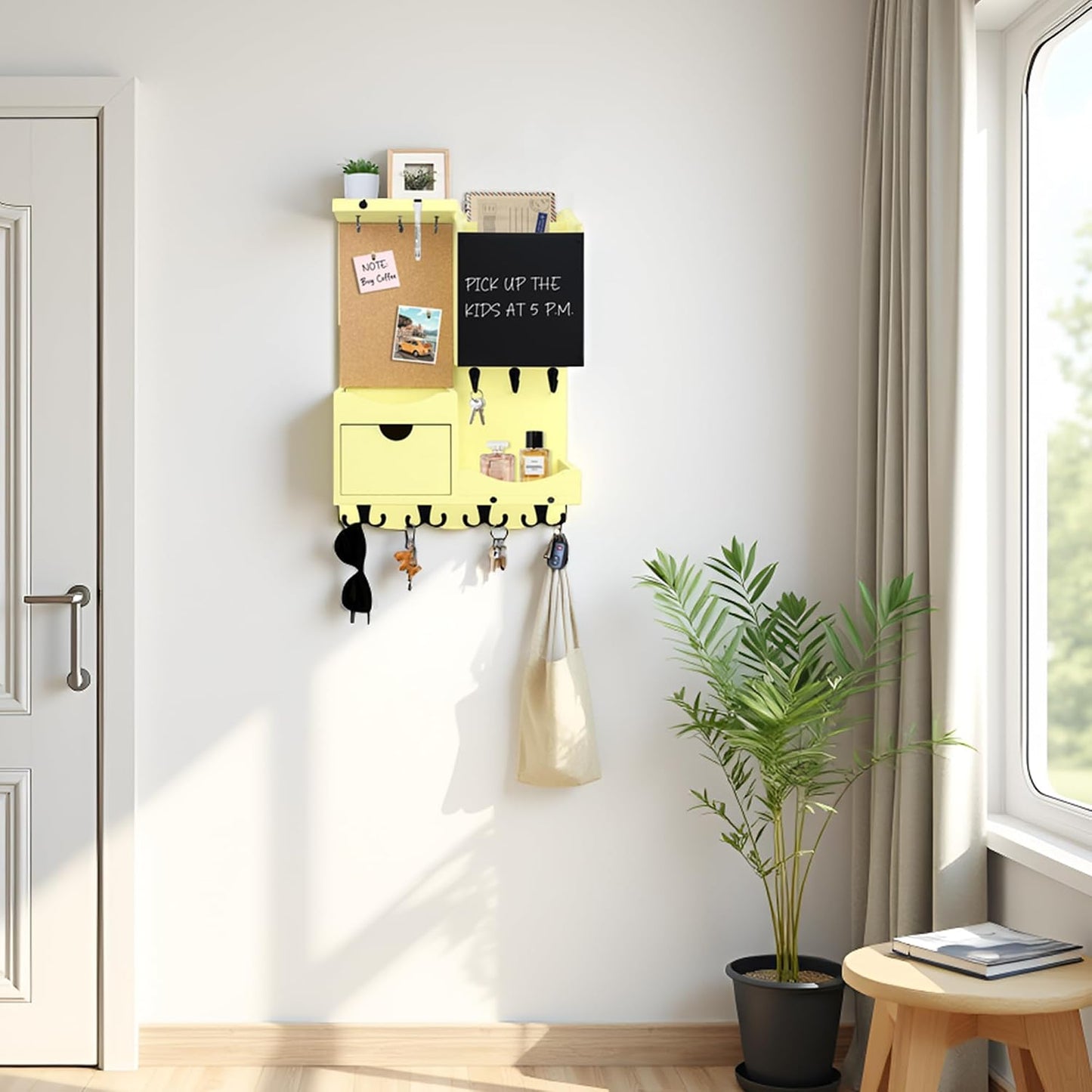 Key Holder for Wall Mount with Shelf and Mail Organizer, Key and Mail Holder with 16 Hooks, Farmhouse Entryway Organizer, Home Decor Rack (Pine Wood, Black)