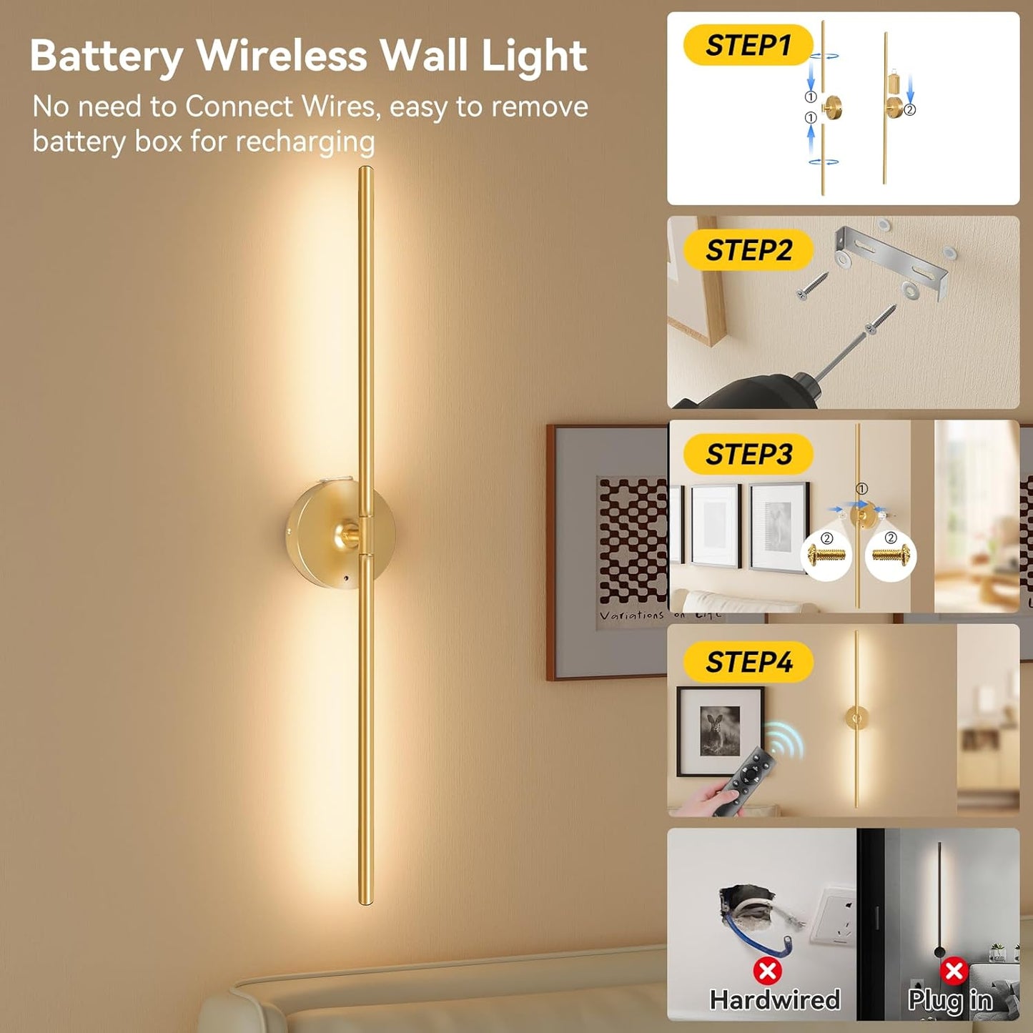 Ouyulong Battery Operated Wall Sconces Set of 2, 10000mAh Wireless Rechargeable 3000-6000K Dimmable 350° Rotate Wall Light with Remote for Living Room, Bedroom 31.6in Black