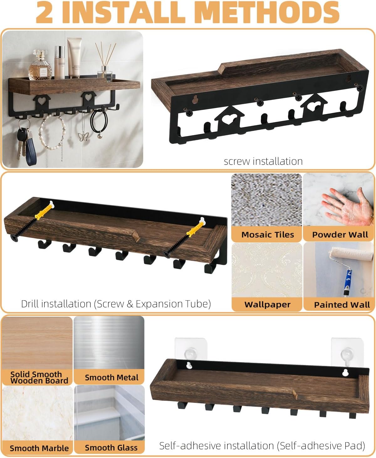 lucdnc Key Holder for Wall with Tray,Decorative 7 Metal Hooks and Paulownia Wood Shelf,Entryway Organizer for Mail,Keys,Sunglasses -Wall Mounted Key Hooks for Office Home Decor Key Rack