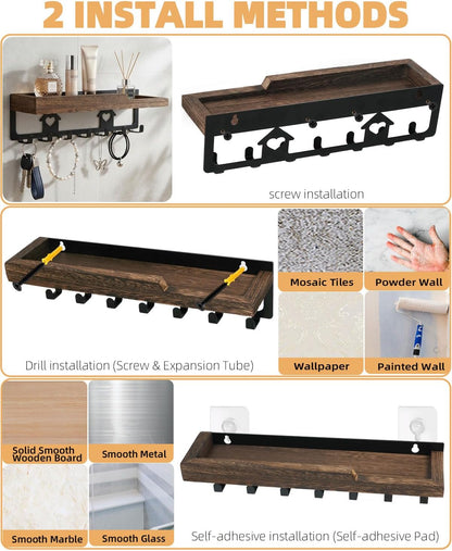 lucdnc Key Holder for Wall with Tray,Decorative 7 Metal Hooks and Paulownia Wood Shelf,Entryway Organizer for Mail,Keys,Sunglasses -Wall Mounted Key Hooks for Office Home Decor Key Rack