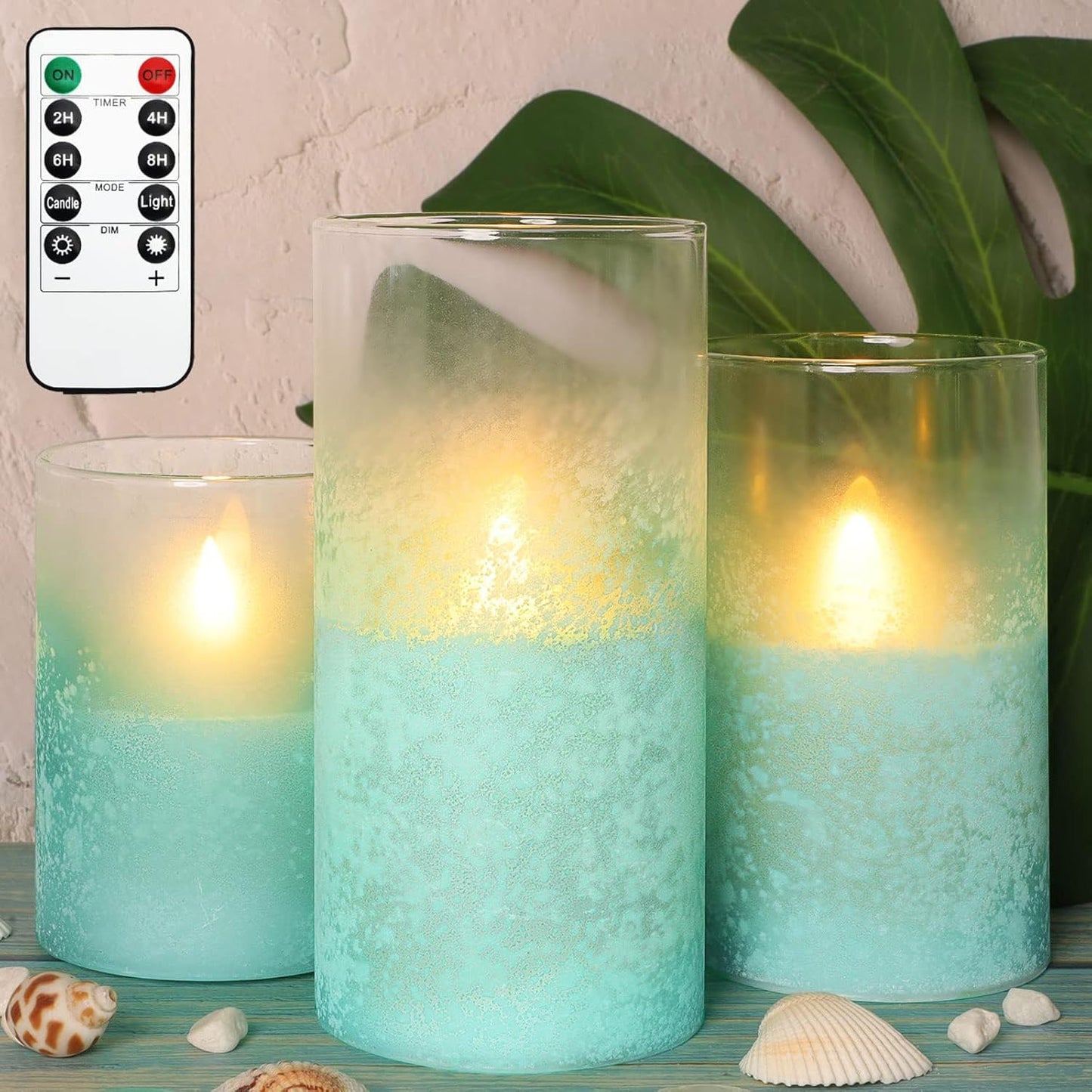 Glass Flameless Candles Flickering Battery Operated LED Pillar Candles Set of 3 with Timer and and 10-Key Remote Green Branch Floral Spring Summer Theme for Wedding Festival Home Decoration