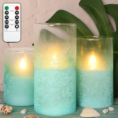 Glass Flameless Candles Flickering Battery Operated LED Pillar Candles Set of 3 with Timer and and 10-Key Remote Green Branch Floral Spring Summer Theme for Wedding Festival Home Decoration