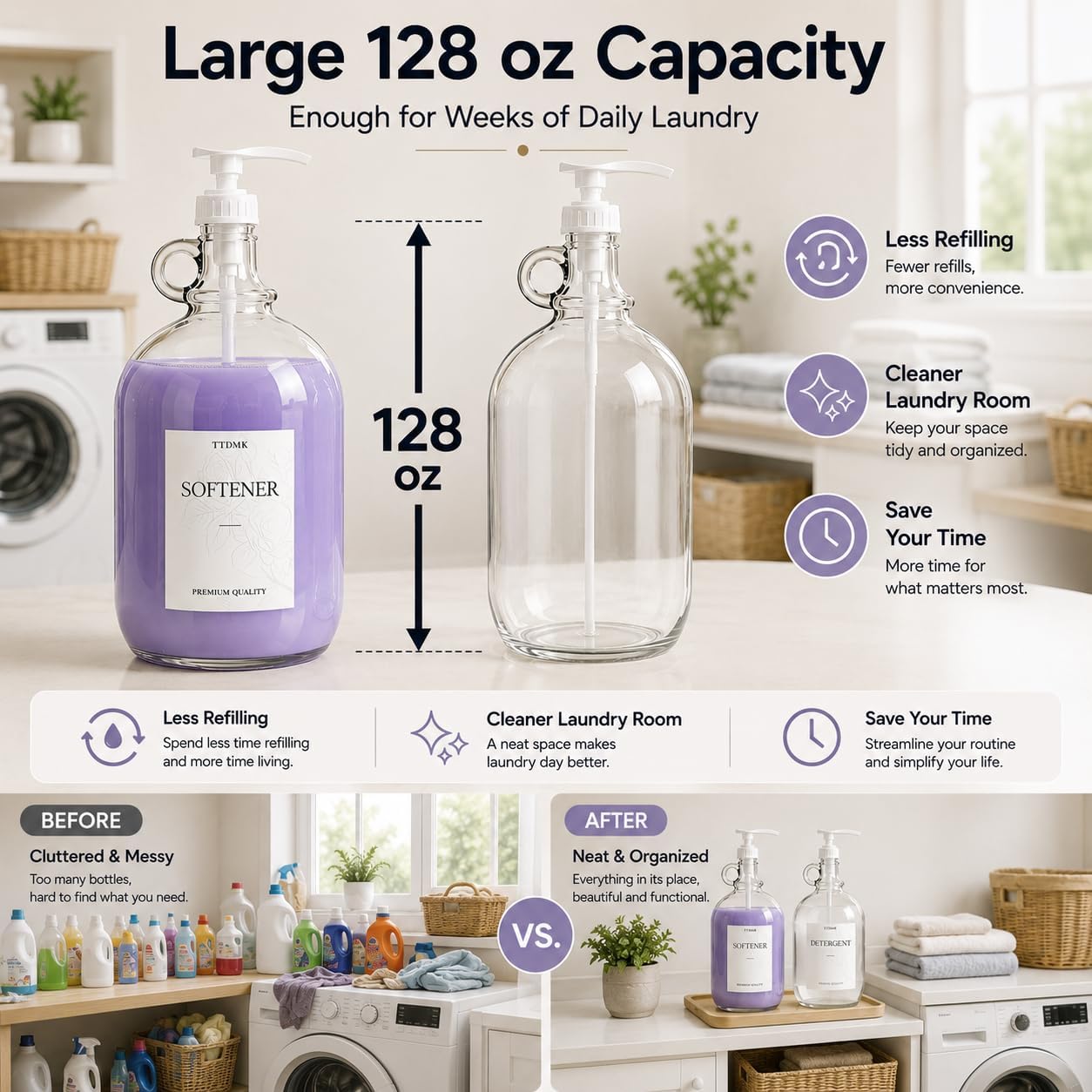 2 Pcs Glass Liquid Laundry Detergent Dispenser, Half Gallon Laundry Soap Dispenser for Laundry Room (64 oz. Each), Laundry Detergent Bottles with Pump Dispenser -Includes Labels, Funnel, Measuring Cup