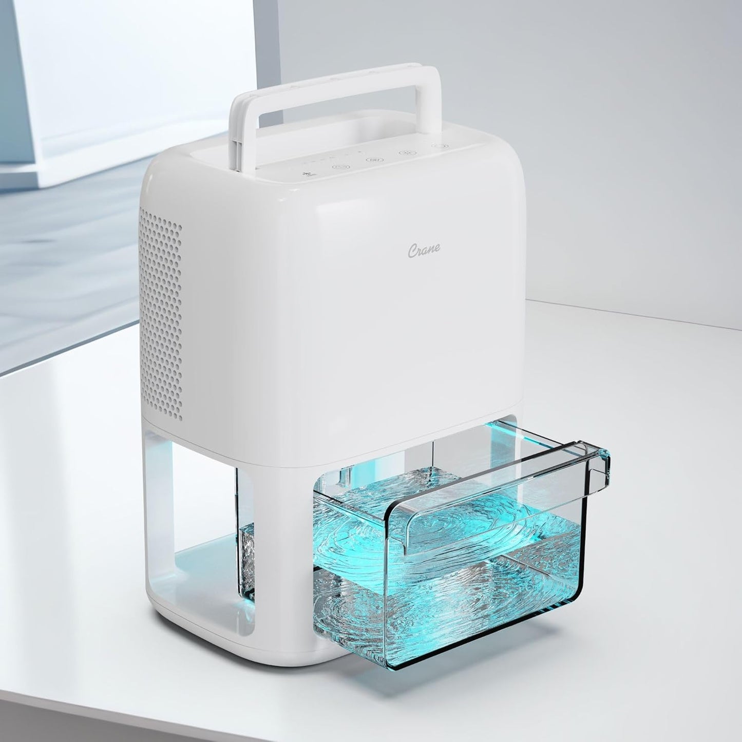 Crane Small Dehumidifier For Bathroom with Auto Shut-Off, 70 OZ Dehumidifier For Closet, Basement, RV & Closet, Optional Ambient Light, Dehumidifiers For Bedroom, Quiet Moisture Removal, 3 Day Tank