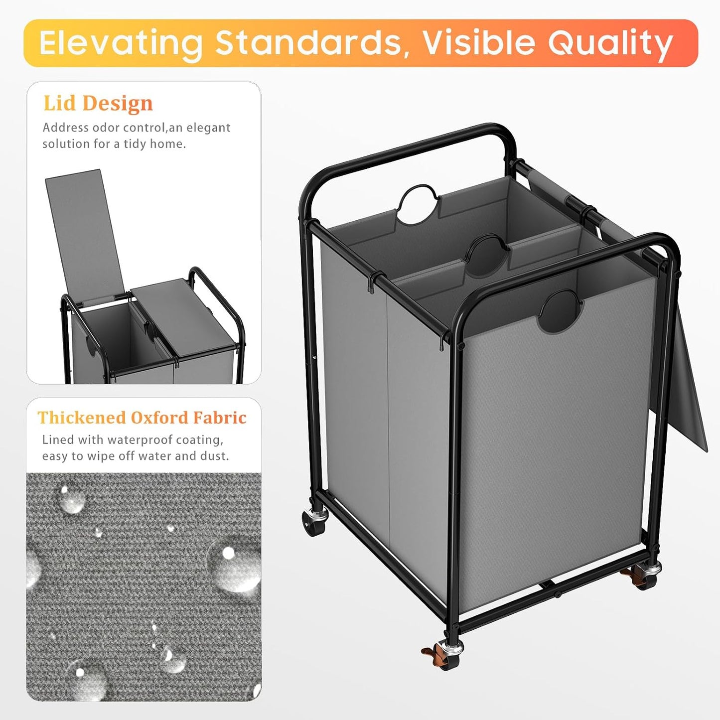180L (47.55 Gal) Laundry Sorter 3 Section, Rolling Laundry Basket with Lockable Wheels and Lid, Laundry Hamper with 3 Separated Removable Bags Dirty Clothes Hamper for Laundry Room Organizer, Black