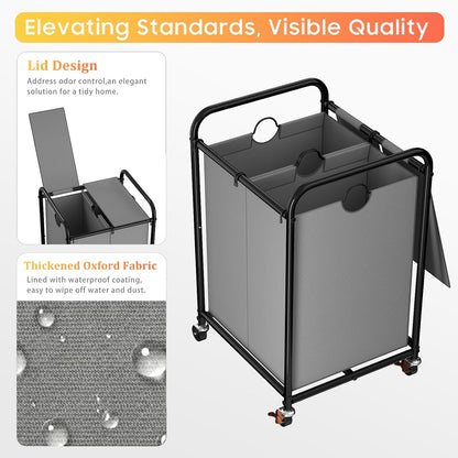 180L (47.55 Gal) Laundry Sorter 3 Section, Rolling Laundry Basket with Lockable Wheels and Lid, Laundry Hamper with 3 Separated Removable Bags Dirty Clothes Hamper for Laundry Room Organizer, Black