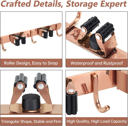 3 Racks and 4 Heavy Duty Hooks Mop and Broom Holder Wall Mount, Non-slip Organizer Storage Utility Tool Racks for Garage,Kitchen,Laundry Room,Garden. Gold