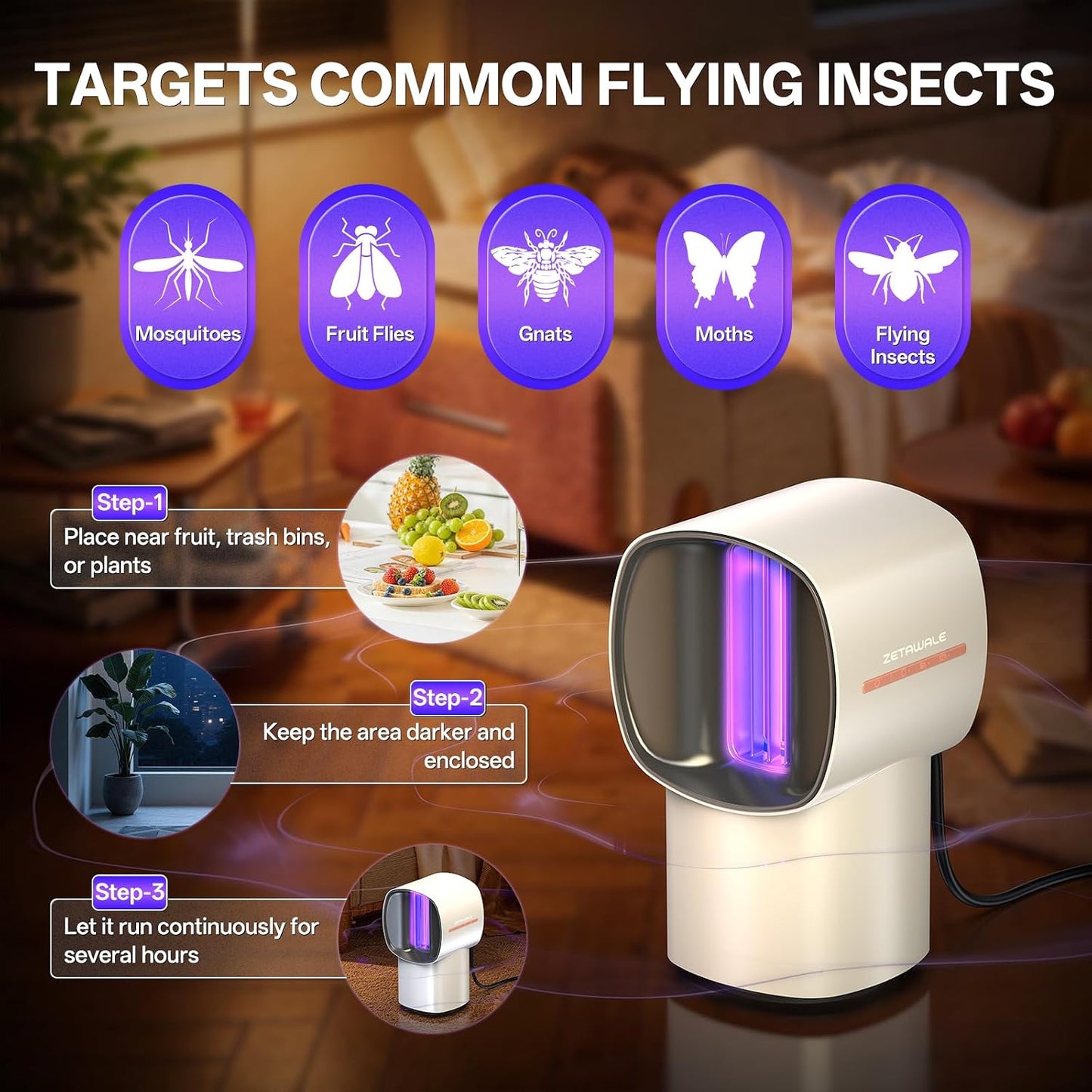 Fruit Fly Traps for Indoors, Gnat and Insects Catcher for House with UV Light, Heat Lure, Fan Suction, Ideal for Kitchen, Patio, Plant Pots, Bedroom, 5 Sticky Pads Included, USB-C Powered