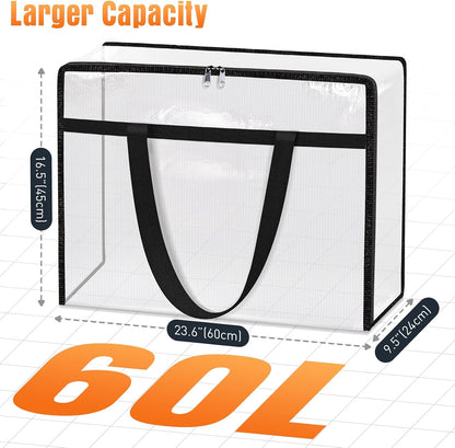 4 Packs Clear Under Bed Storage Containers - 60 L Large Capacity Clothes Storage Bags with Lid & Sturdy Handles, Foldable Moving Bags, Clothing Organizer Totes for Bedding, Comforter, Sheet