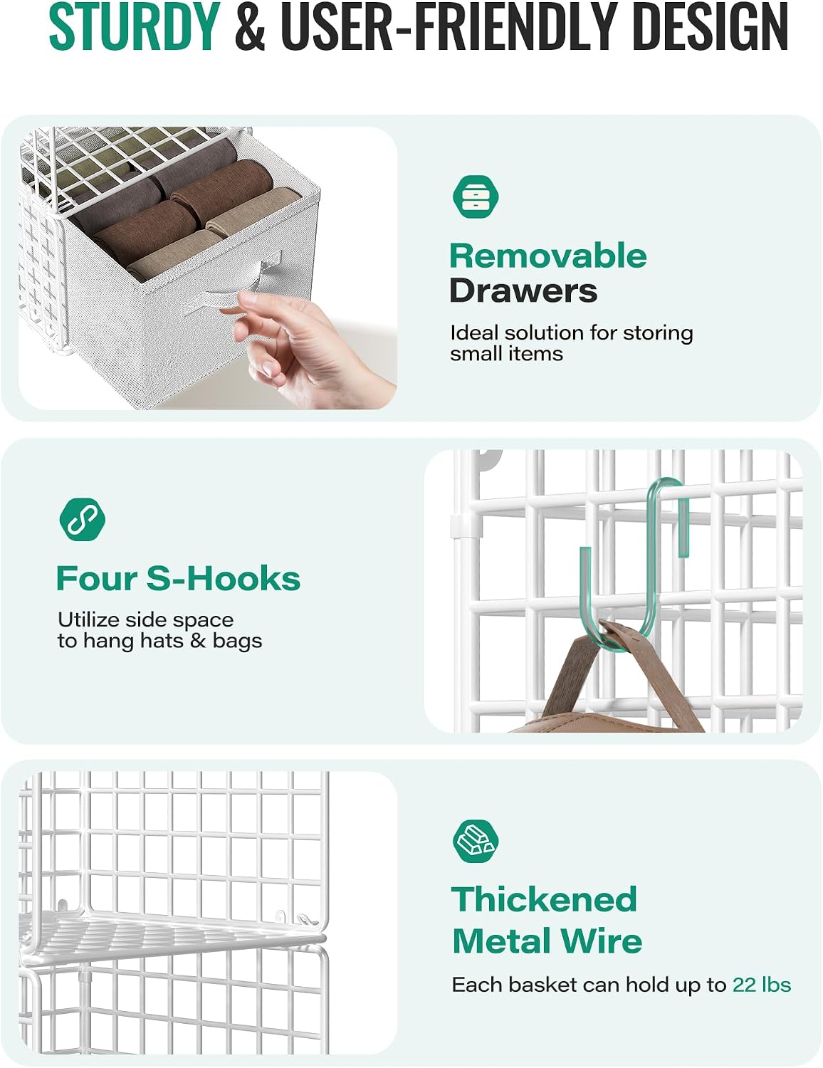 Hanging Closet Organizer, 4 Tier Metal Closet Organizers and Storage with 4 Hanging Hooks 4 S-Hooks for Wardrobe Laundry Room, Wire Storage Shelf for Clothes Sweaters Pants (White)