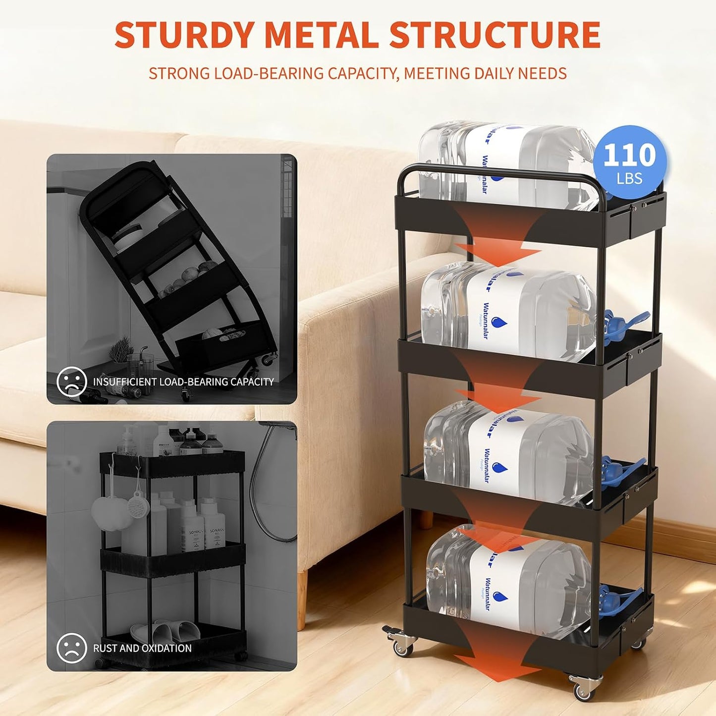 HOTEAGLE Three Tier Rolling Cart, Adjustable Width & High Adaptability | Metal Utility Storage Carts with Wheels, Ideal Storage Organizer for Livingroom, Kitchen and Bathroom