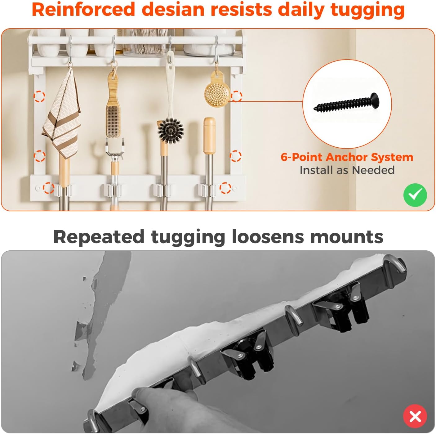 Broom Holder Wall Mount with Shelf,Broom Hanger,3 in 1 Broom and Mop Organizer Wall Hanging for Laundry,Garage,Utility,Broom Rack,Vacuum Stand Alternative,Cleaning Supplies Organizer Storage,White,L