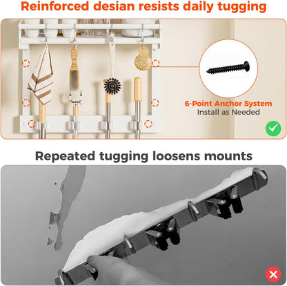 Broom Holder Wall Mount with Shelf,Broom Hanger,3 in 1 Broom and Mop Organizer Wall Hanging for Laundry,Garage,Utility,Broom Rack,Vacuum Stand Alternative,Cleaning Supplies Organizer Storage,White,L