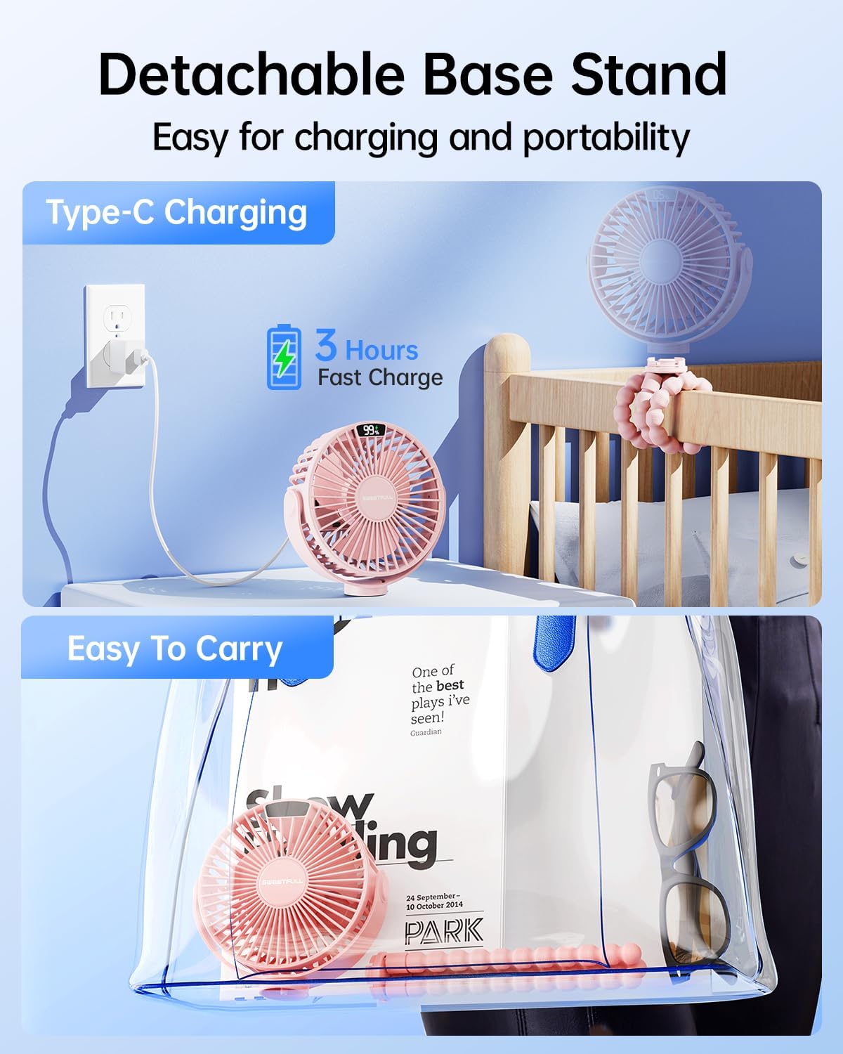SWEETFULL [2026 Upgrade Portable Stroller Fan with LED Display, 4 Speed Rechargeable Mini Clip On Fan, 360° Rotate Flexible Tripod Better Cooling Small Baby Fan for Car Seat Crib Travel Treadmill