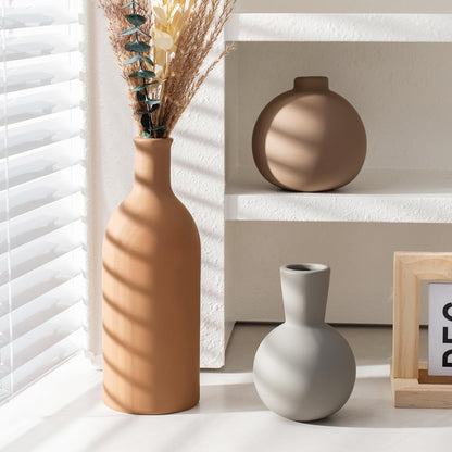 Ceramic Vase Set of 3, Modern Minimalist Neutral Home Decor, Boho Rustic Farmhouse Decorative Vases for Pampas Grass Dried Flowers | Table Centerpiece Entryway Mantel Bookshelf(Black Mix Set - Gray#1)