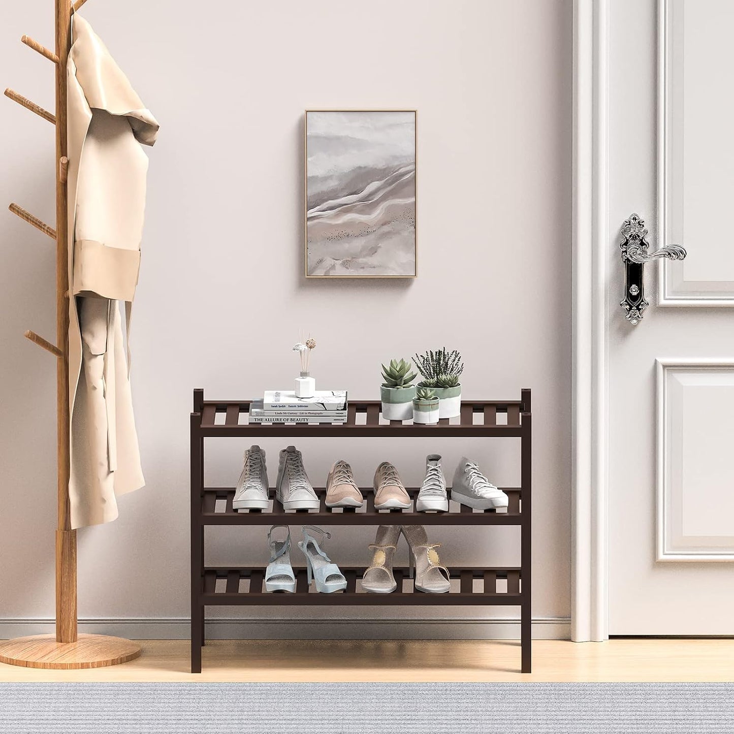 ROMGUAR CRAFT 3 Tier Bamboo Shoe Rack for Closet Free Standing Wood Shoe Shelf Storage Organizer for Entryway Small Space Stackable 27"x11"x20" (Natural)