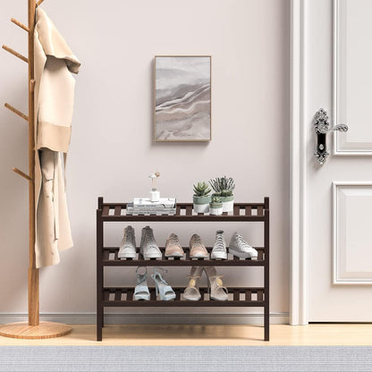 ROMGUAR CRAFT 3 Tier Bamboo Shoe Rack for Closet Free Standing Wood Shoe Shelf Storage Organizer for Entryway Small Space Stackable 27"x11"x20" (Natural)