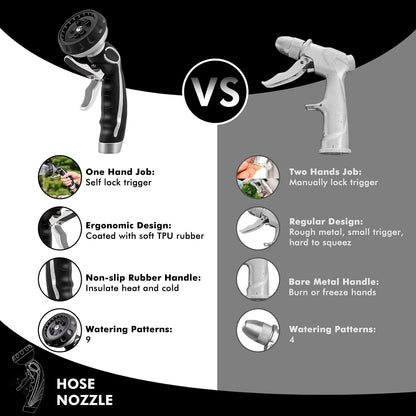 RESTMO Hose Nozzle with Easy Self-Lock Trigger, Heavy Duty Metal Water Hose Sprayer with 9 Spray Patterns and On/Off Valve, Ideal for Outdoor Lawn & Garden Watering, Car & Pet Washing