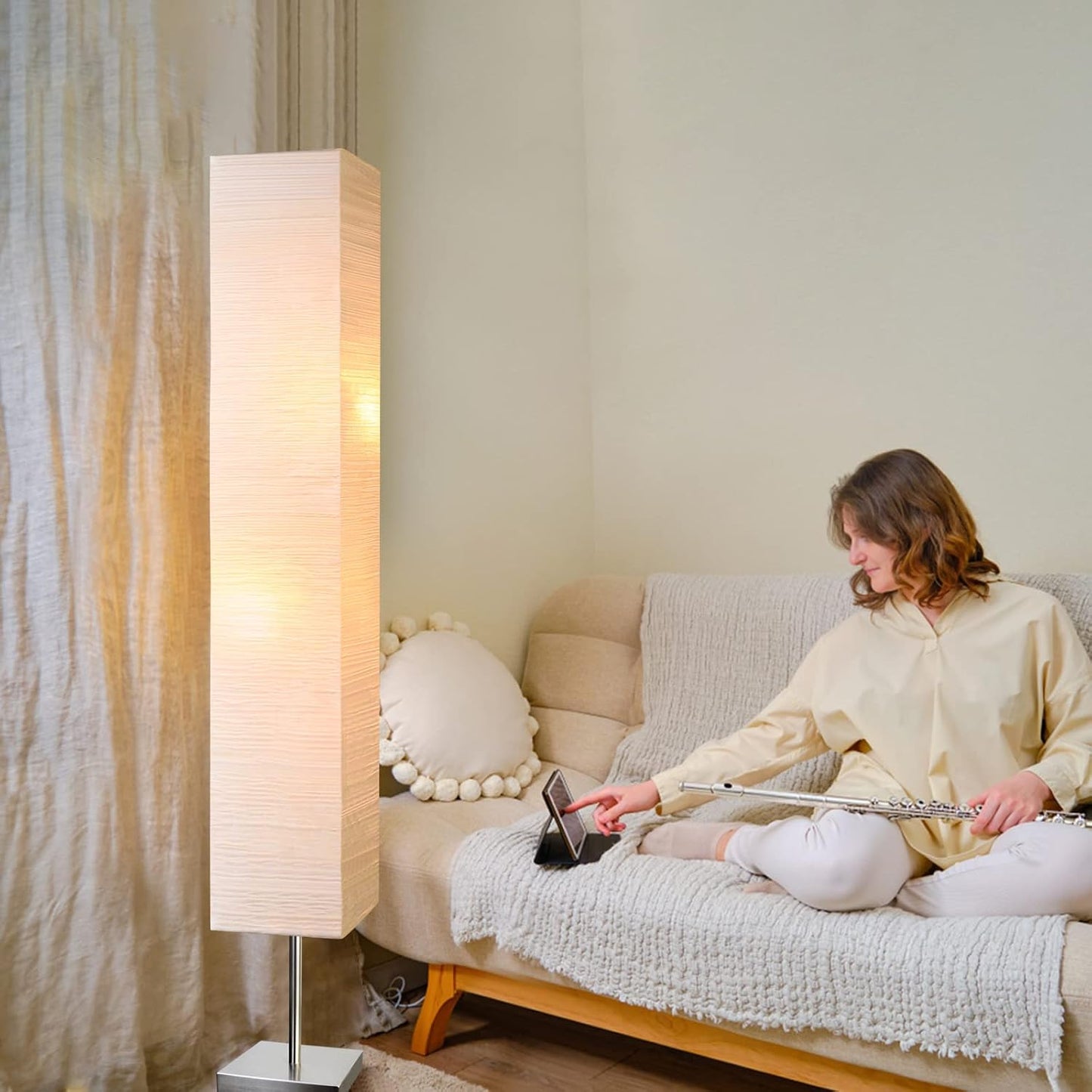 Modern Floor Lamp, Dimmable 3 Levels Brightness Paper Tall Lamp Standing Lamps with Lampshade, 55'' Minimalist Floor Lamps for Office, Kids Room, Reading, Home Decor (White)