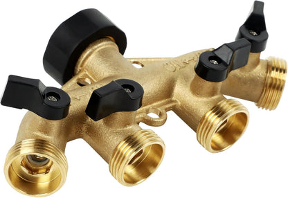 Lifynste 4 Way Brass Hose Splitter, 3/4" Brass Hose Faucet Manifold, Garden Hose Adapter Connector